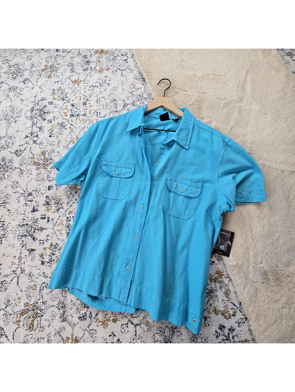 Erika Blue Short Sleeve Carribean Pocket Button Top Women XL NWT